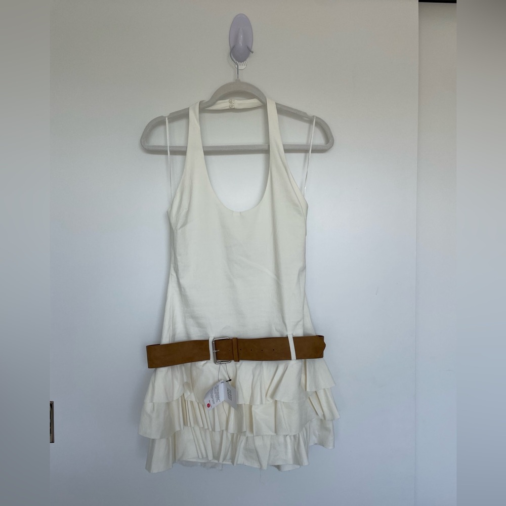 Zara White Belted Dress with Ruffles